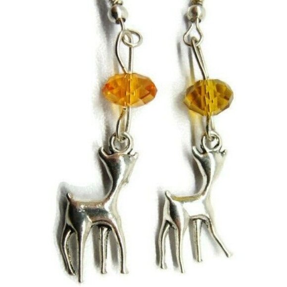 3D Deer Yellow Bead Silver Tone Vertical Drop Dangle Hook Earrings Womans - Picture 2 of 5